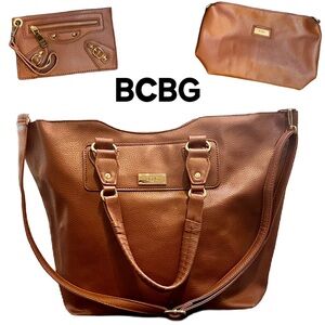 BCBG brown Purse Tote bag, Clutch bag and a wristlet.